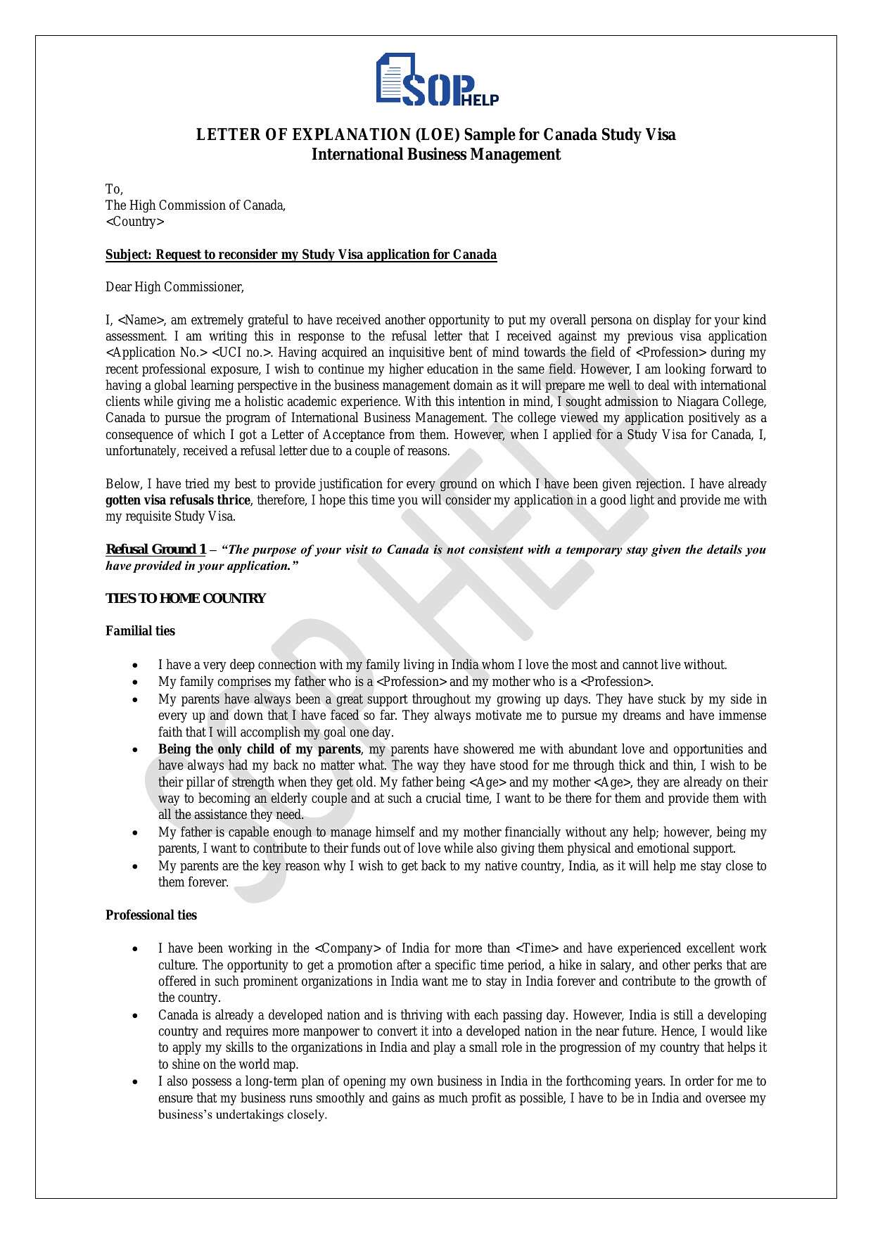 LETTER OF EXPLANATION (LOE) Sample for Canada Study Visa International Business Management JPG