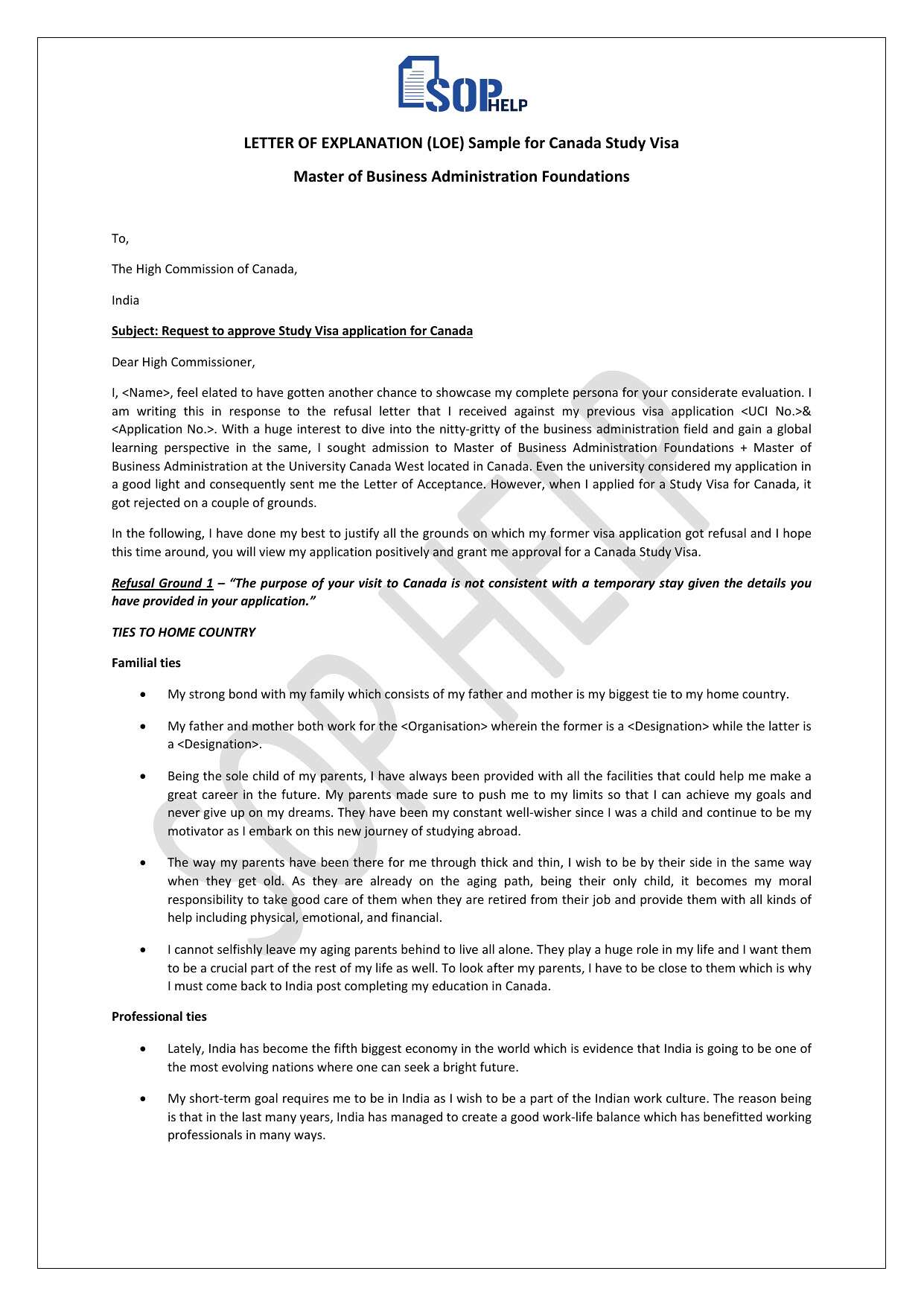 LETTER OF EXPLANATION (LOE) Sample for Canada Study Visa - Master of Business Administration Foundations JPG