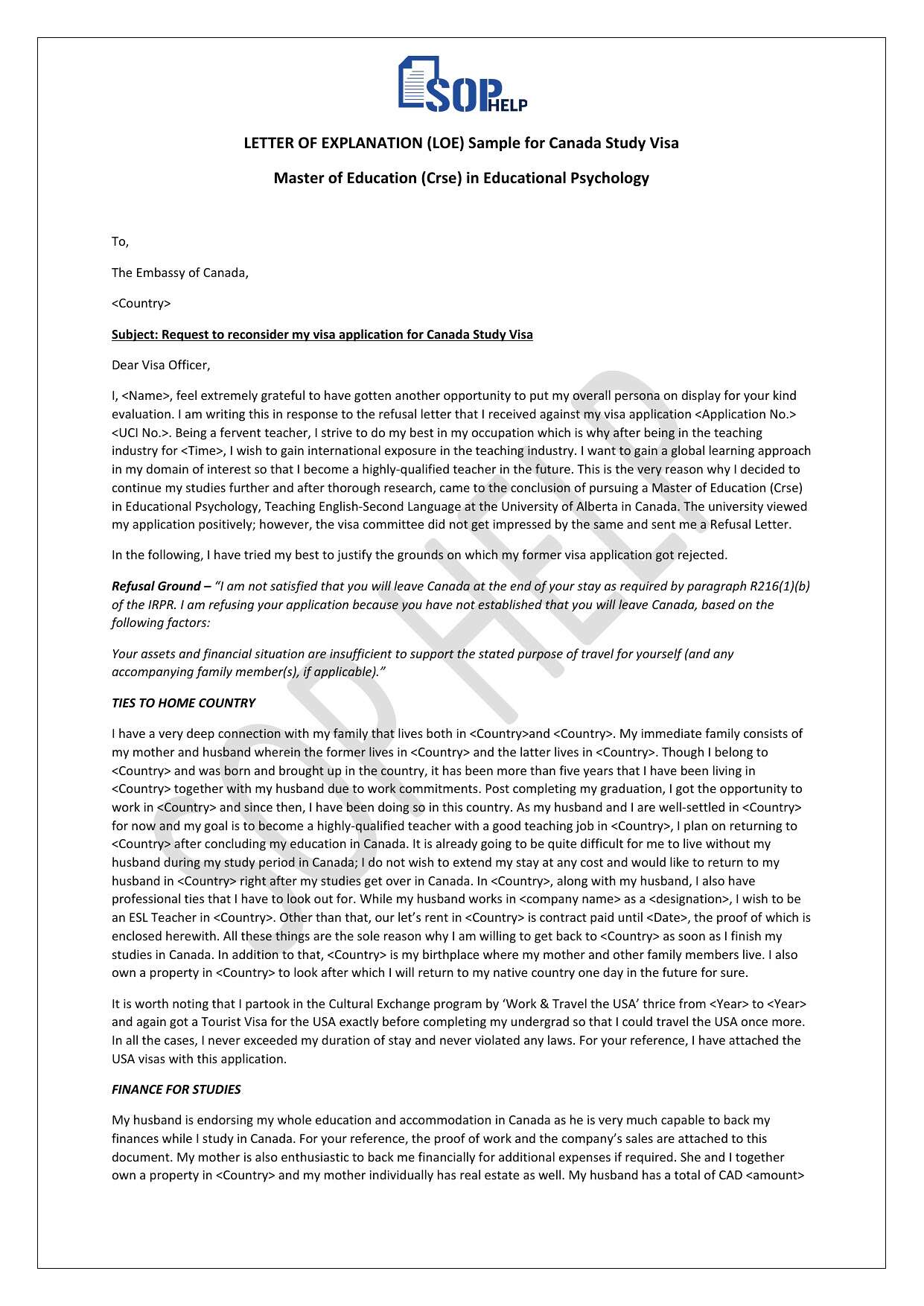 LETTER OF EXPLANATION (LOE) Sample for Canada Study Visa Master of Education (Crse) in Educational Psychology JPG