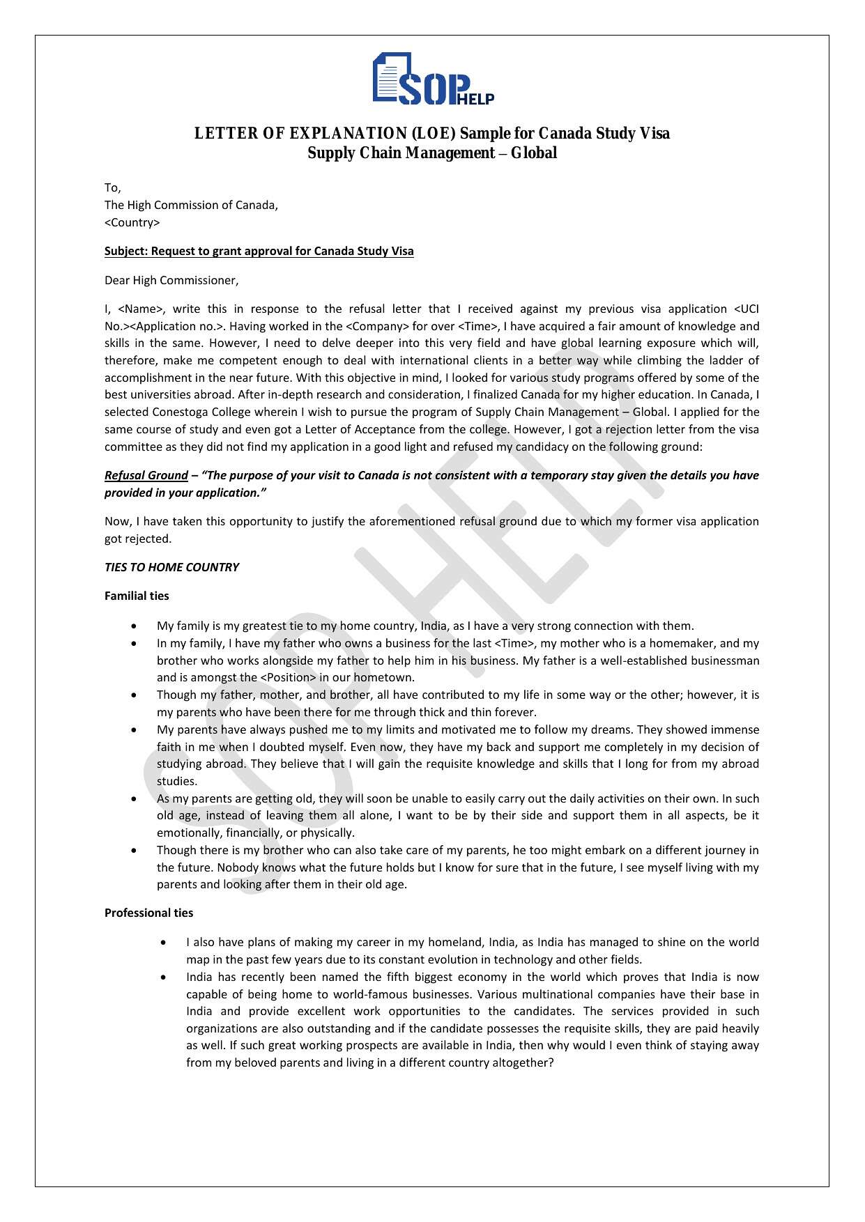 LETTER OF EXPLANATION (LOE) Sample for Canada Study Visa Supply Chain Management – Global JPG