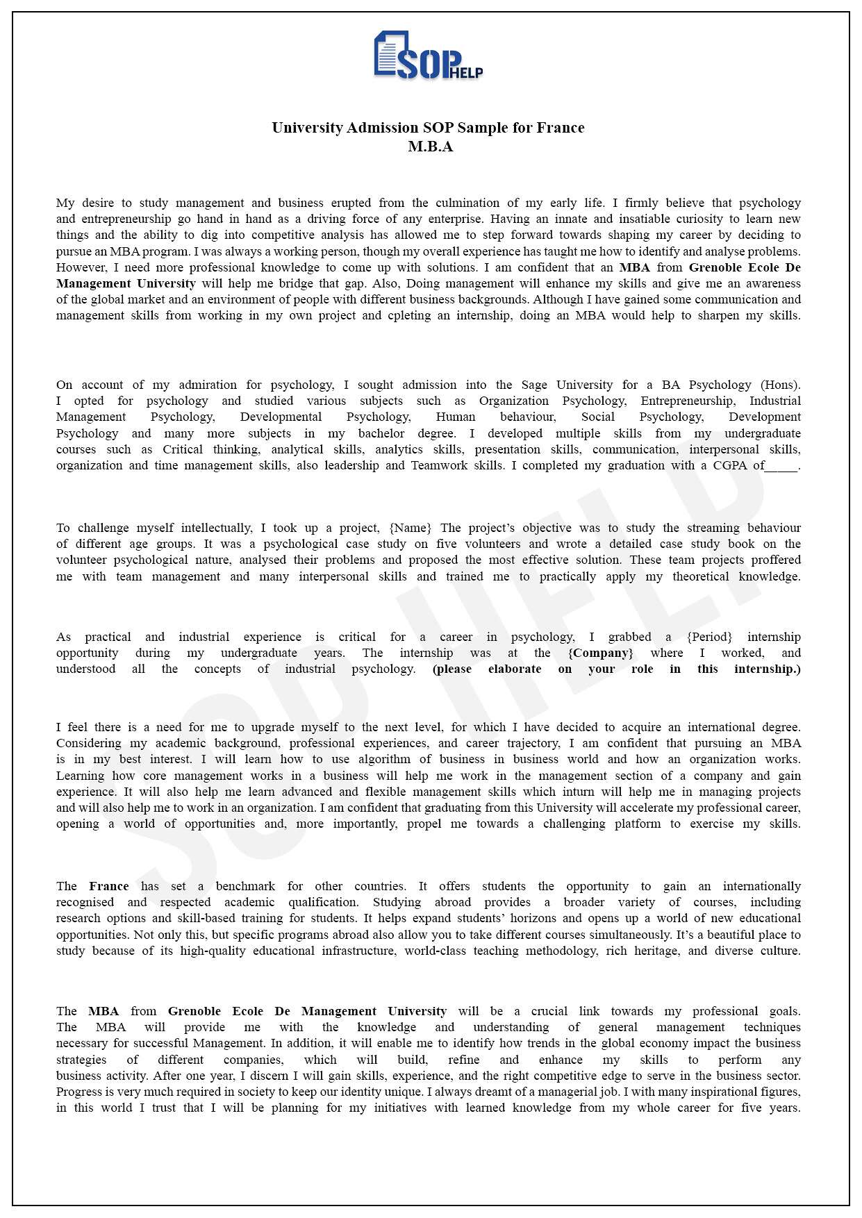 SOP Sample For France- MBA PDF