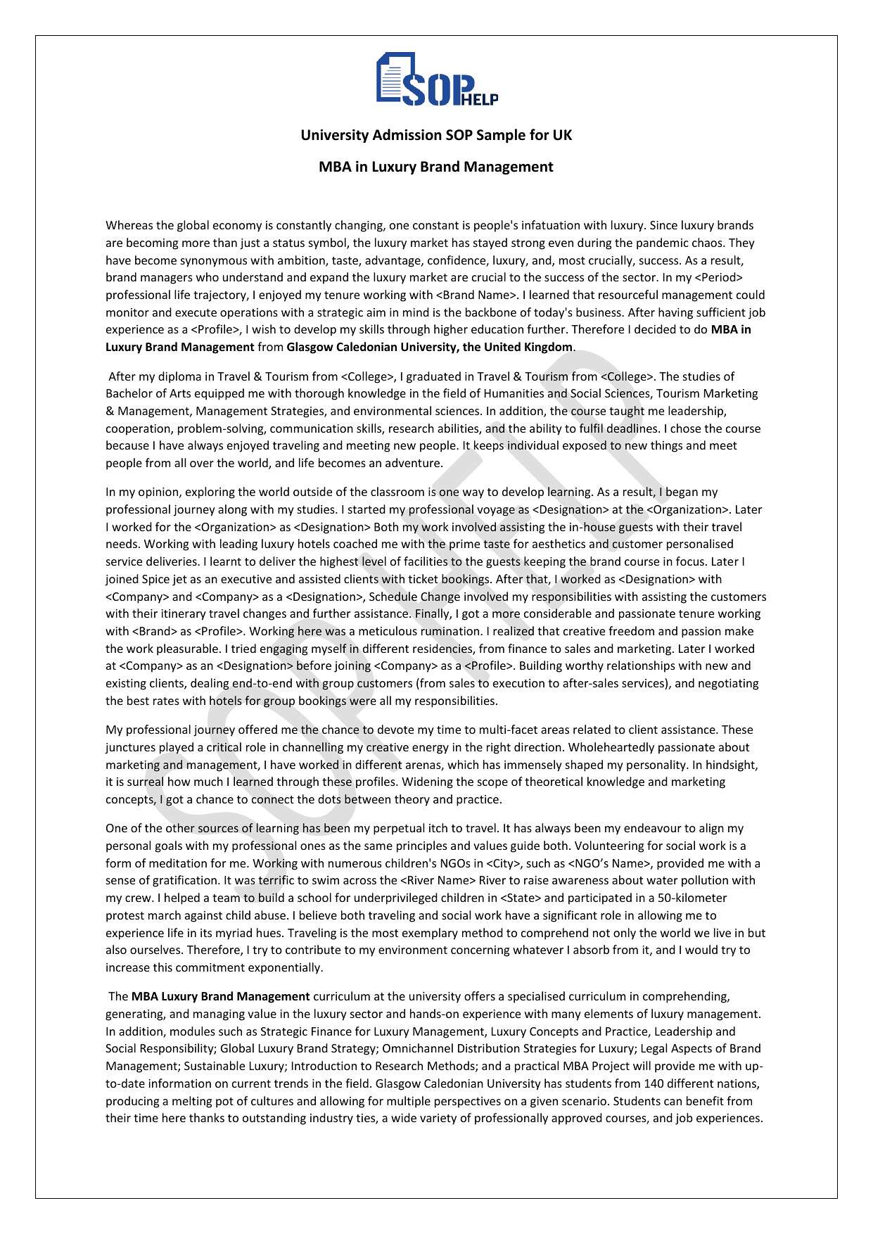 University Admission SOP Sample for UK - MBA in Luxury Brand Management JPG