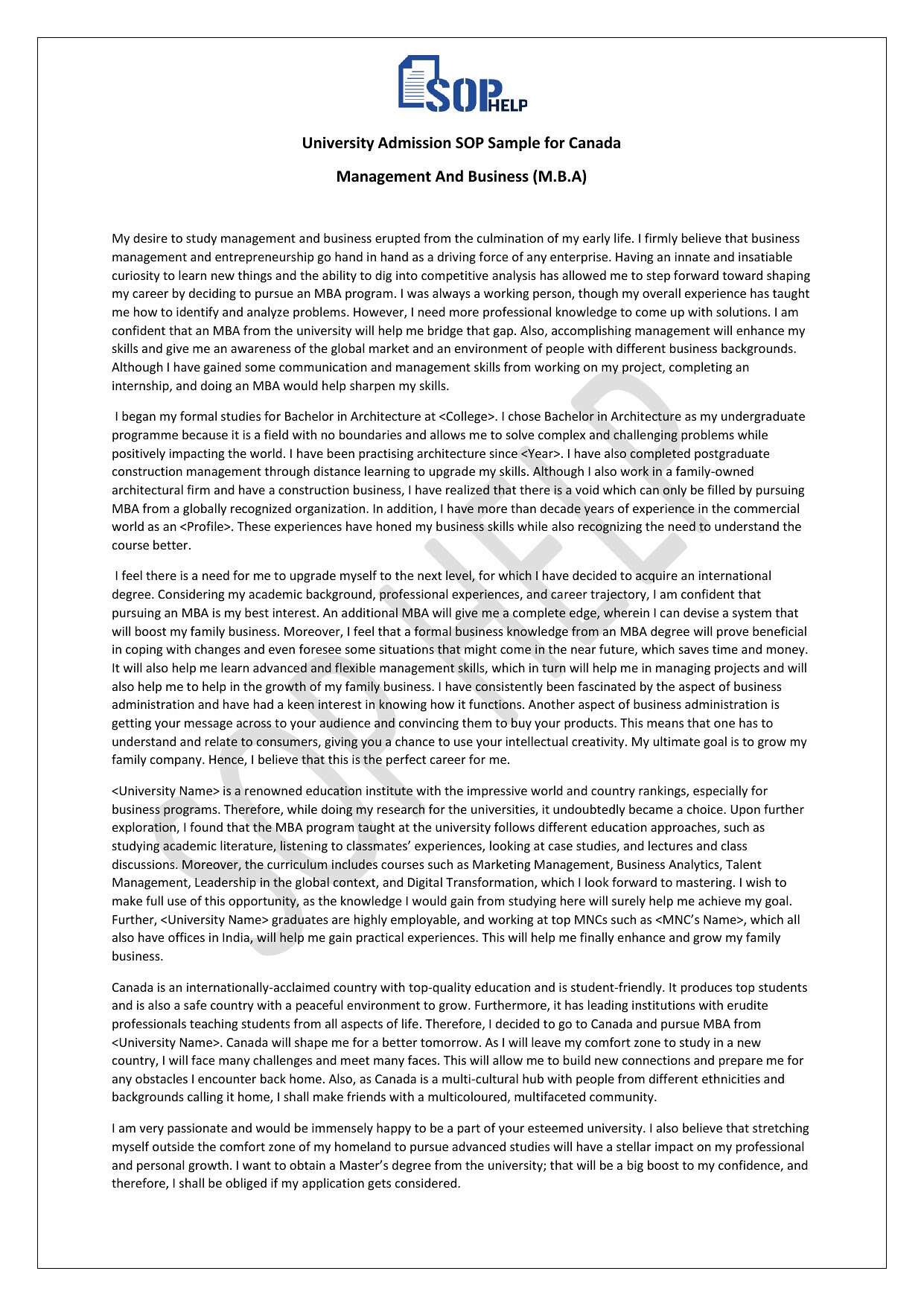 University Admission SOP Sample for Canada - MBA in Management And Business JPG