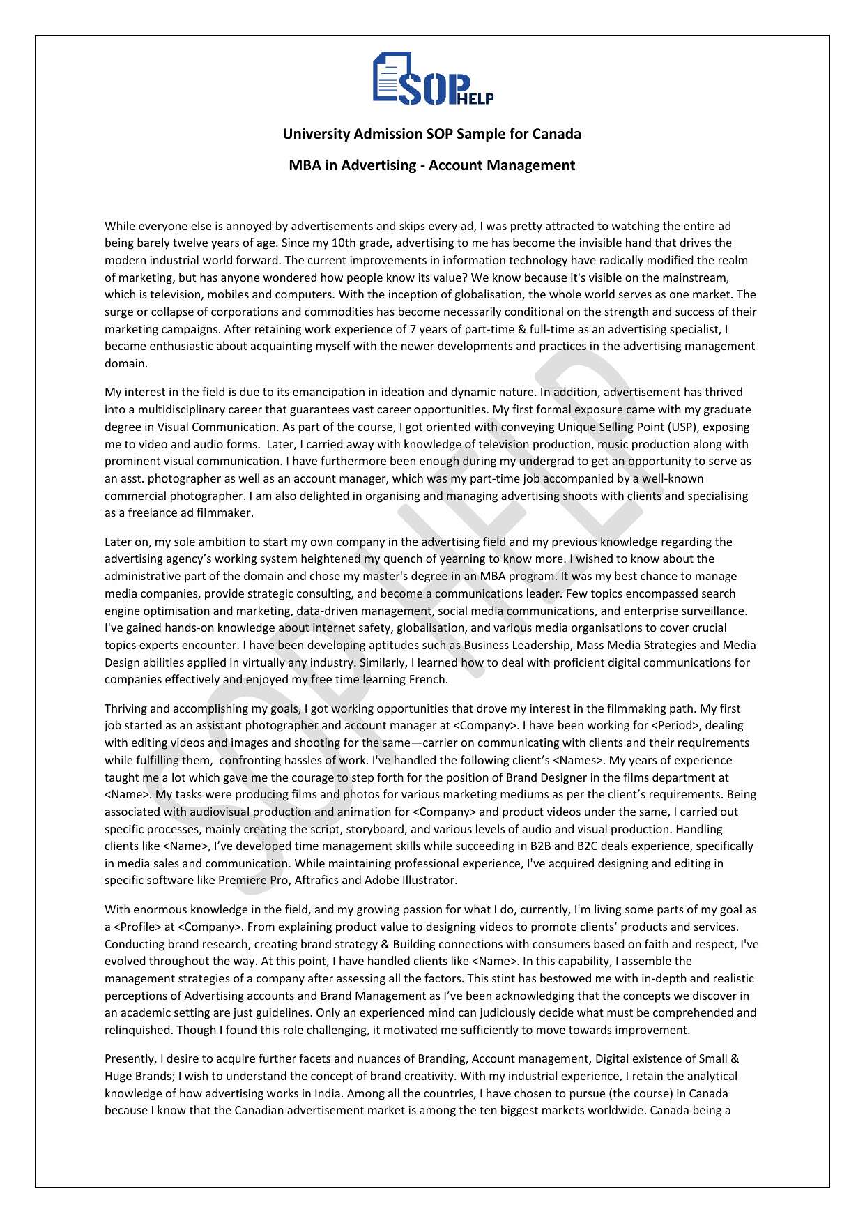University Admission SOP Sample for Canada - MBA in Advertising - Account Management JPG