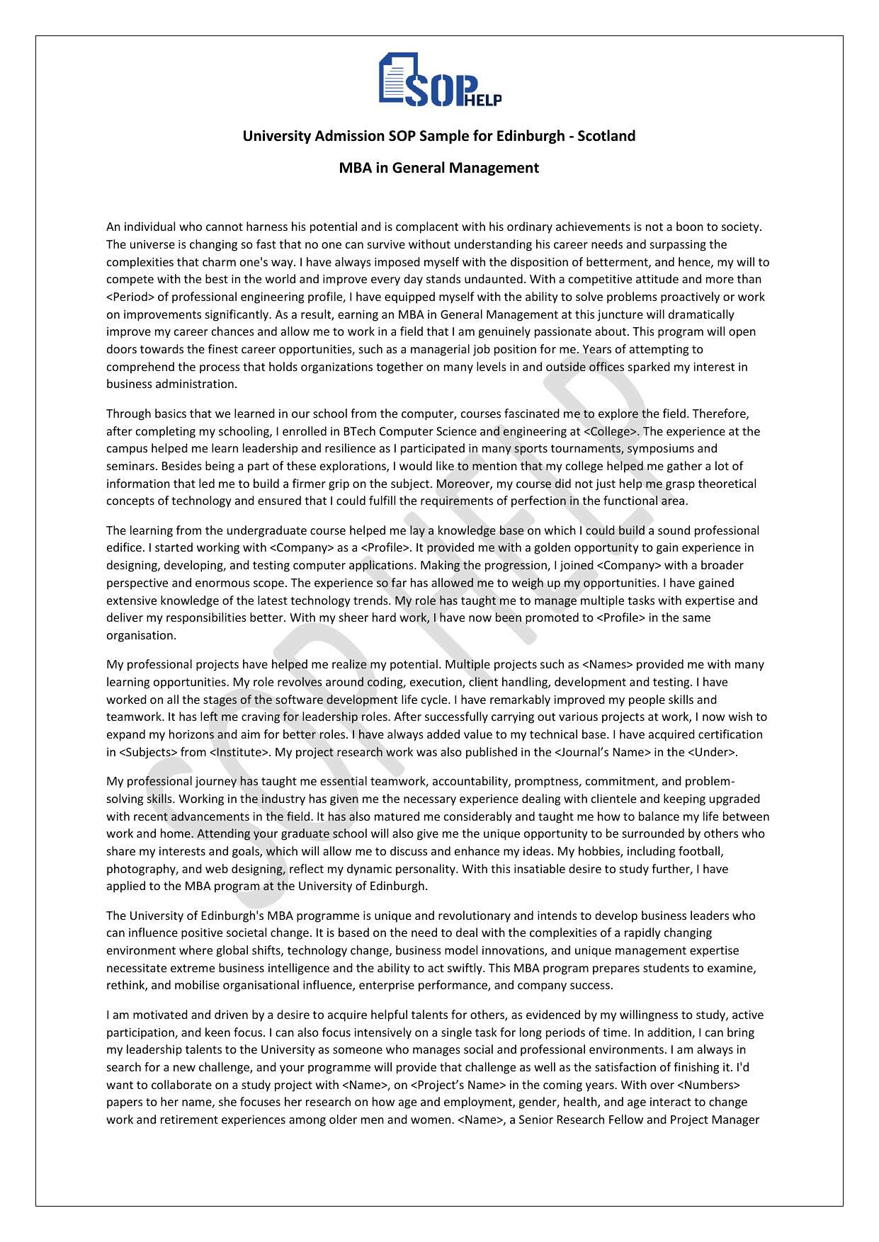 University Admission SOP Sample for Edinburgh - Scotland - MBA in General Management JPG