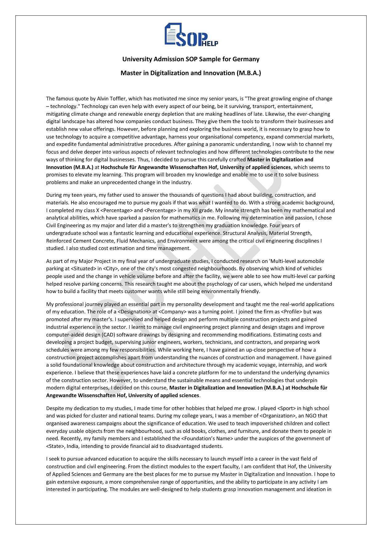 University Admission SOP Sample for Germany - MBA in Digitalization and Innovation JPG