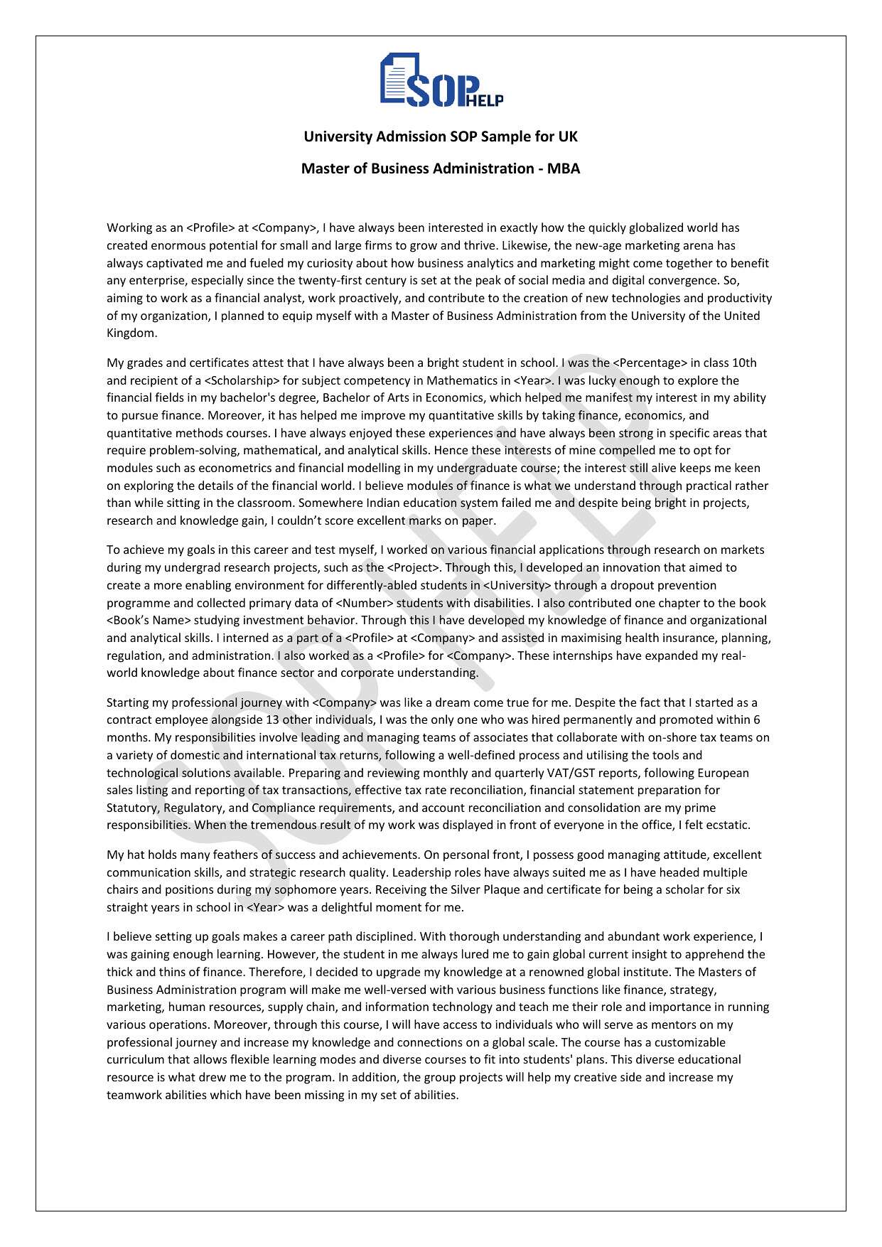 University Admission SOP Sample for UK - Master of Business Administration - MBA JPG