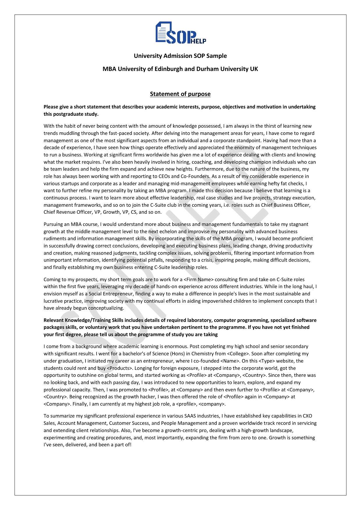 University Admission SOP Sample - MBA University of Edinburgh and Durham University UK JPG