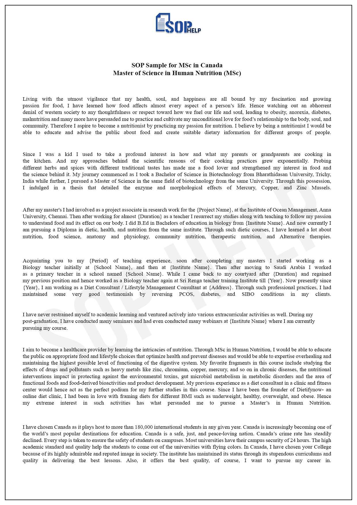 Sample SOP For Master Of Science in Human Nutrition- Canada JPG