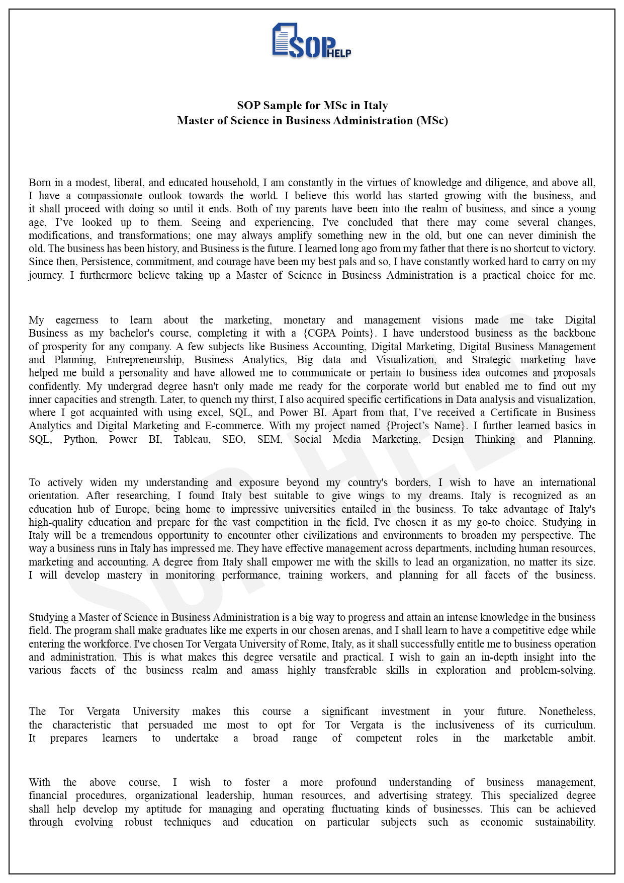 Sample SOP For PG in Business Administration- Italy JPG