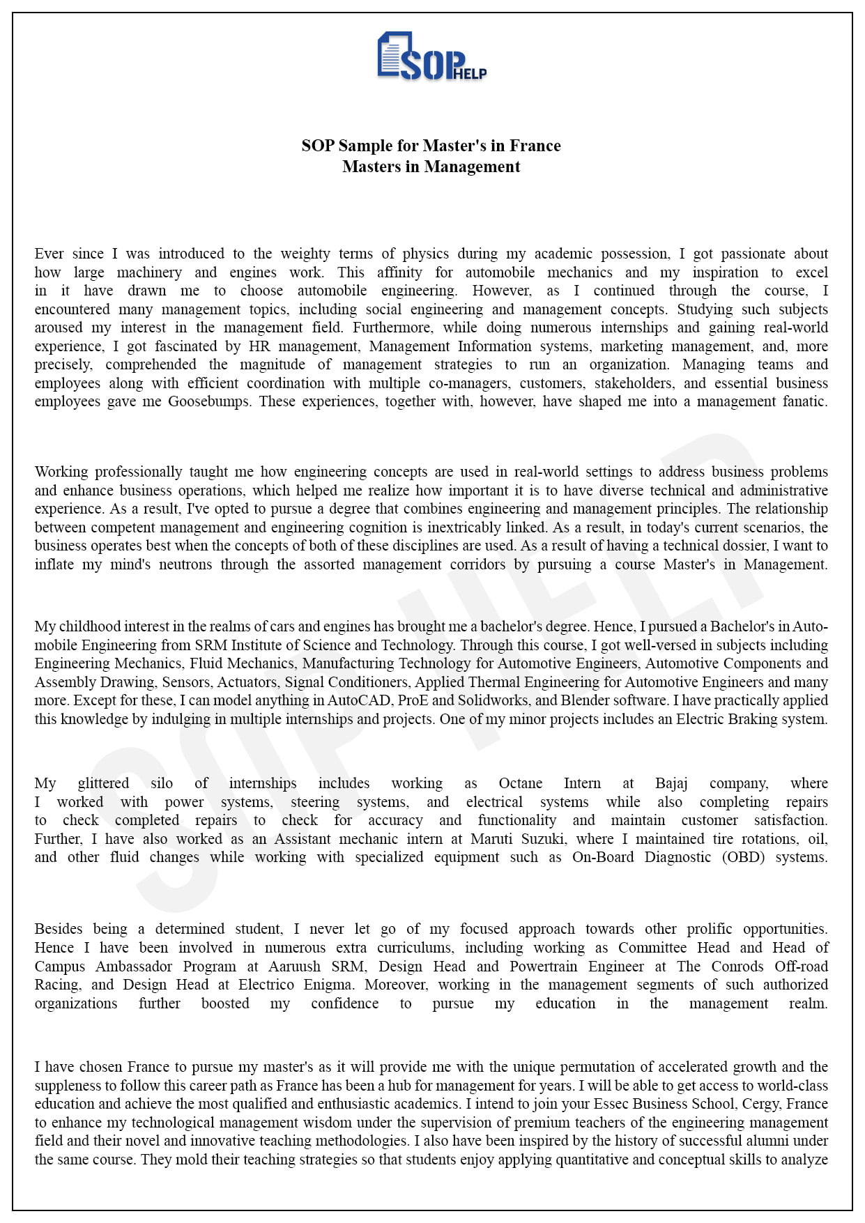 Sample SOP For PG in Management- France JPG