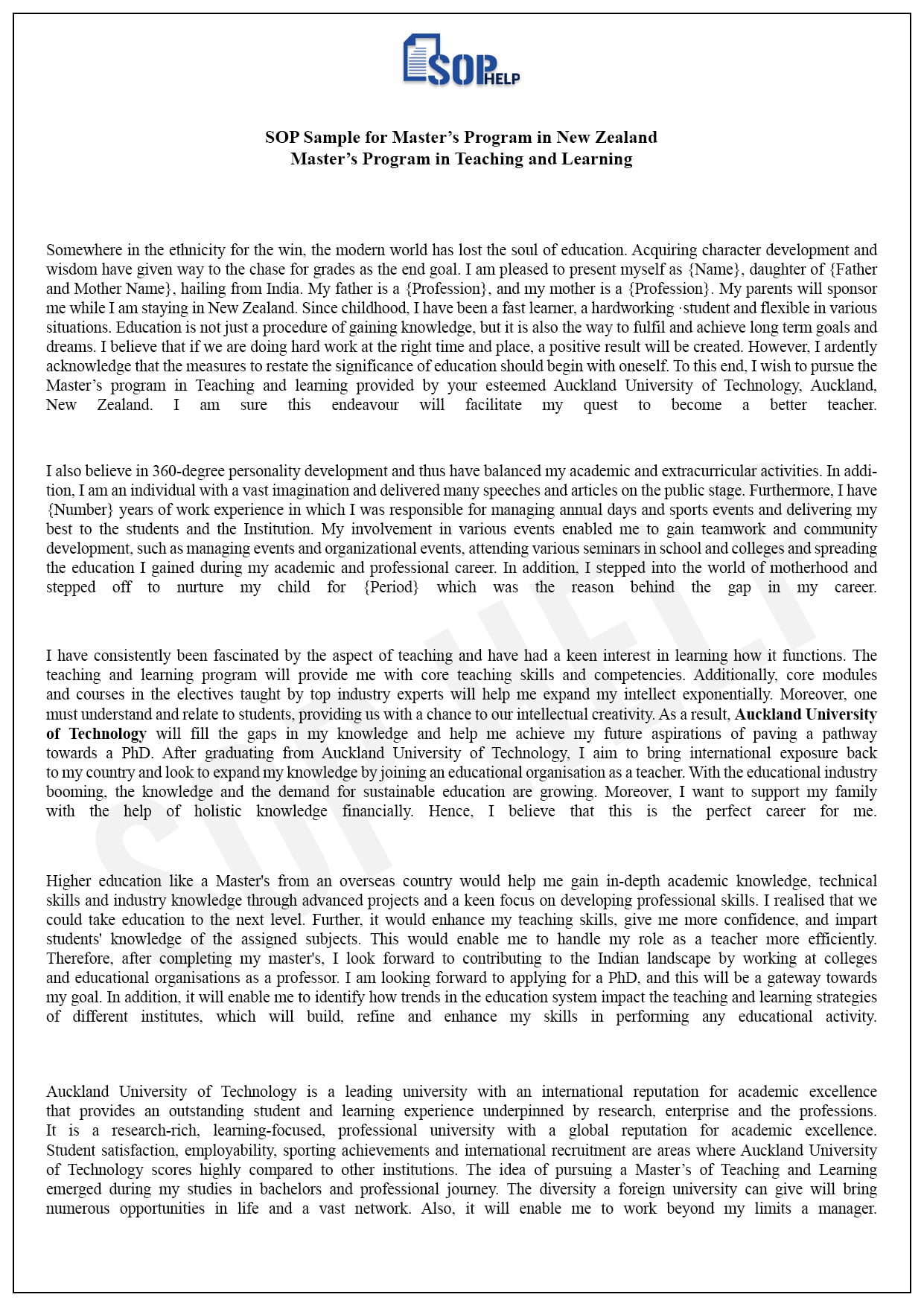 Sample SOP For PG in Teaching and Learning- New Zealand JPG