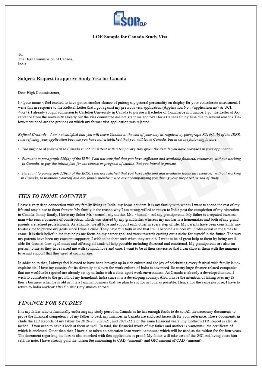 LOE Sample For Canada Study Visa JPG